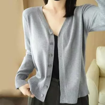 Женский вязаный свитер с V-образным вырезом, длинным рукавом, на пуговицах, свитер, кардиган, однотонный, свободный крой, вязаное крючком текстурное пальто S чёрный