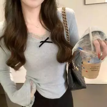 Женский вязаный свитер с V-образным вырезом из французского кружева, на осень и зиму, чистое желание, иностранный стиль, облегающий крой и укороченный верх S recommends 75-47.5 kg