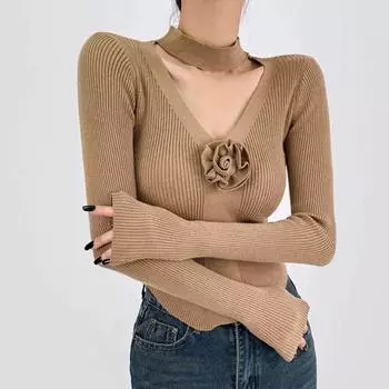 Женский вязаный свитер с V-образным вырезом в стиле ретро, облегающий, с ажурным воротником, с бретельками через шею, осенний, женский, однотонный, элегантный, повседневный, женский трикотаж 24757 One Size белый