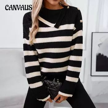 Женский вязаный свитер с высоким воротом больших размеров, осенне-зимний, с пуговицами на плечах, в полоску, с ярким узором S чёрный