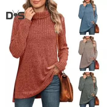 Женский вязаный свитер с высоким воротом, длинный рукав, разрез сбоку, свитер, однотонный свободный трикотаж, осень-зима, повседневная модная вязаная одежда для 2XL кофейный