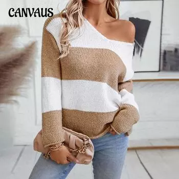 Женский вязаный свитер, свитер, пуловер, V-образный вырез, свободный, стыкующийся, трикотажный свитер в полоску S хаки