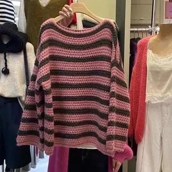 Женский вязаный свитер в полоску с цветными блоками, с круглым вырезом, свободный, простой, женский, пуловер, осень-зима, повседневный, универсальный топ M розовый
