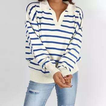 Женский вязаный свитер в полоску с длинными рукавами и лацканами, трикотаж, пуловеры, свитера S