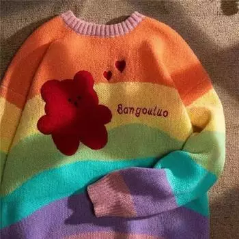 Женский вязаный свитер в радужную полоску с милым мультяшным принтом, круглый вырез, свободный женский пуловер в студенческом стиле One size