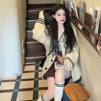 Женский вязаный свитер в стиле ретро, весна 2023, корейский уникальный высококачественный ленивый мягкий клейкий свитер, кардиган, женское пальто One Size бежевый