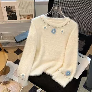 Женский вязаный свитер во французском нежном стиле с украшением из бисера и цветов на воротнике, плюшевый удобный женский свитер-пуловер One Size белый