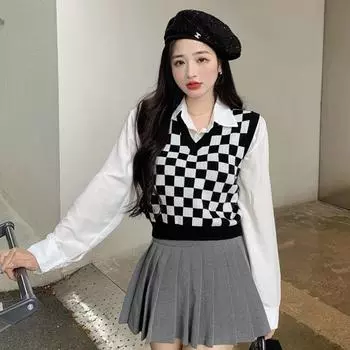 Женский вязаный свитер, жилет без рукавов, свободный клетчатый свитер, жилет с v-образным вырезом, трикотаж, майка, короткая уличная одежда, вязаный пуловер One Size