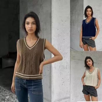 Женский вязаный свитер, жилет, кардиган без рукавов с V-образным вырезом, свитер, майка, блузка, трикотаж S тёмно-синий