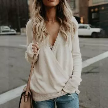 Женский вязаный свободный свитер с глубоким v-образным вырезом и длинными рукавами, пуловер, джемпер L бежевый