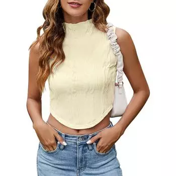 Женский вязаный топ без рукавов с круглым вырезом, облегающий летний топ с пупком S чёрный