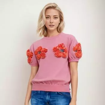 Женский вязаный топ с круглым вырезом и коротким рукавом, свитер с 3D цветочным декором, эластичная вязаная футболка S розовый