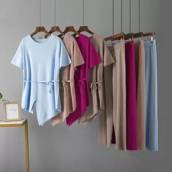 Женский вязаный топ с нерегулярным круглым вырезом из двух частей с коротким рукавом и высокой талией, тонкие широкие брюки, комплекты One Size чёрный