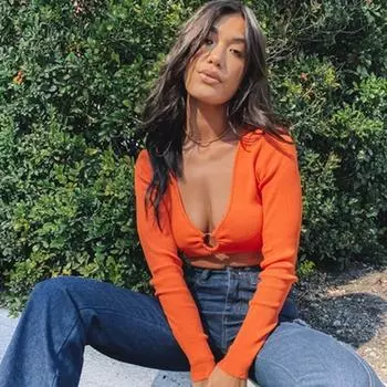 Женский вязаный укороченный топ в рубчик, однотонный, с v-образным вырезом и длинным рукавом, ажурный бандажный пуловер, весенне-осенняя повседневная модная футболка S оранжевый