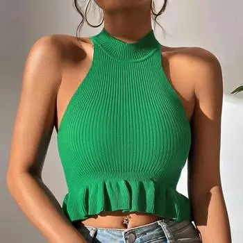 Женский вязаный жилет 2024, модный однотонный без рукавов с воланами, тонкий сексуальный камзол, повседневная майка, трикотаж, уличная одежда, укороченные топы One Size синий