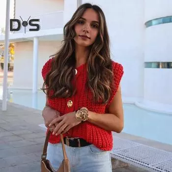 Женский вязаный жилет без рукавов с v-образным вырезом, пальто с карманами, весенне-осенний вязаный кардиган, повседневная одежда M темно-синий