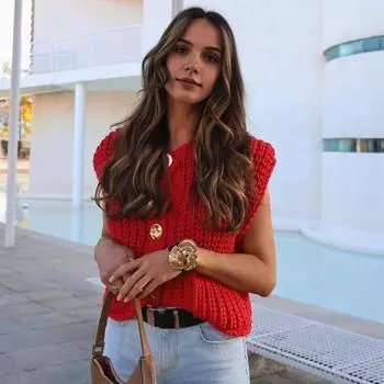 Женский вязаный жилет без рукавов с v-образным вырезом, пальто с карманами, весенне-осенний вязаный кардиган, повседневная одежда M темно-синий