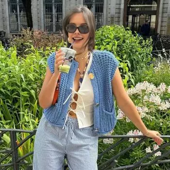 Женский вязаный жилет без рукавов с v-образным вырезом, пальто с карманами, весенне-осенний вязаный кардиган, повседневная одежда M темно-синий