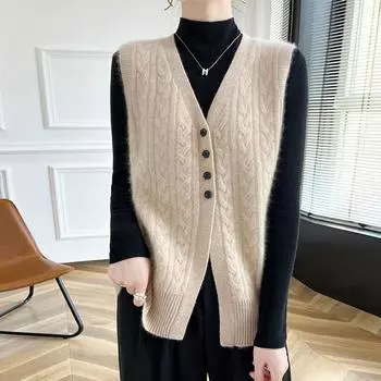 Женский вязаный жилет из кашемира и шерсти: Осенне-зимний свободный многослойный кардиган с переплетенным узором M верблюд