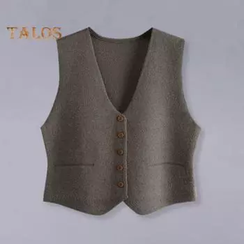 Женский вязаный жилет, однобортный кардиган без рукавов с v-образным вырезом, однотонный костюм, деловой костюм, деловое пальто чёрный