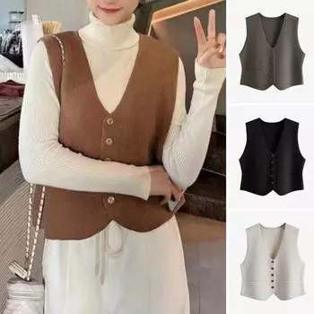 Женский вязаный жилет, однобортный кардиган без рукавов с v-образным вырезом, однотонный костюм, деловой костюм, деловое пальто чёрный