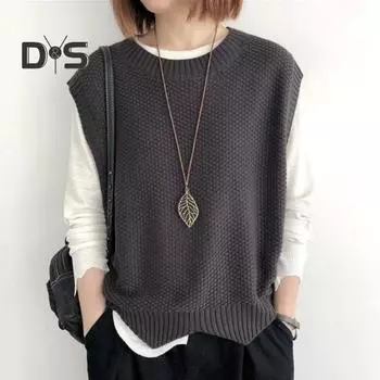 Женский вязаный жилет осень-зима с круглым вырезом сплошной цвет с волнистым подолом теплый мягкий свободный повседневный женский женский жилет без рукавов трикотаж кофейный