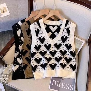 Женский вязаный жилет, осенне-зимний дизайн, вязаный жилет с принтом любви, свитер без рукавов S чёрный