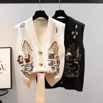 Женский вязаный жилет, осенне-зимний свитер, жилет, женская верхняя одежда, короткий кардиган без рукавов с v-образным вырезом и вышивкой на пуговицах oversize белый