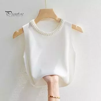 Женский вязаный жилет с круглым вырезом без рукавов, декор из искусственного жемчуга, топы на бретелях, облегающие однотонные эластичные топы абрикосовый