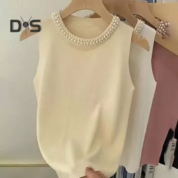 Женский вязаный жилет с круглым вырезом без рукавов, декор из искусственного жемчуга, топы на бретелях, облегающие однотонные эластичные топы белый