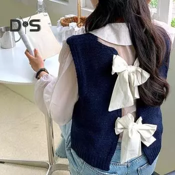 Женский вязаный жилет с круглым вырезом, без рукавов, укороченный топ с бантом сзади, декорированный вырезом сзади, однотонный свитер темно-синий