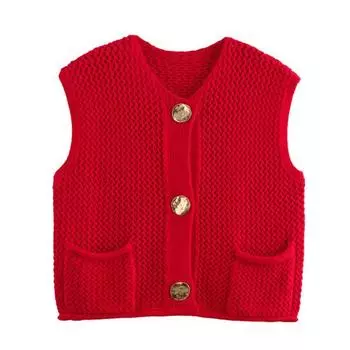 Женский вязаный жилет с V-образным вырезом, без рукавов, однобортный, с карманами, вязаный жилет, универсальный однотонный трикотаж S красный