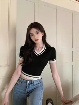 Женский вязаный жилет с v-образным вырезом и коротким рукавом, летняя тонкая майка