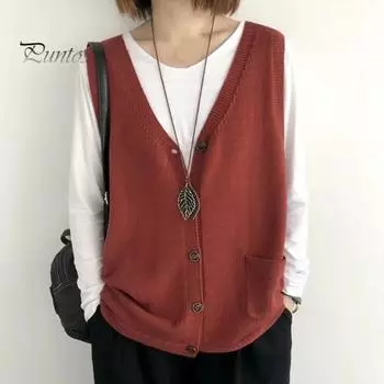 Женский вязаный жилет с V-образным вырезом без рукавов, однобортный теплый жилет, однотонный свободный крой, трикотажные майки с карманами чёрный