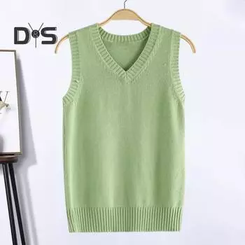 Женский вязаный жилет с V-образным вырезом без рукавов с ребристым краем однотонный жилет топы осень-зима свободный трикотаж XL зелёный