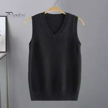 Женский вязаный жилет с V-образным вырезом без рукавов с ребристым краем однотонный жилет топы осень-зима свободный трикотаж M светло-серый