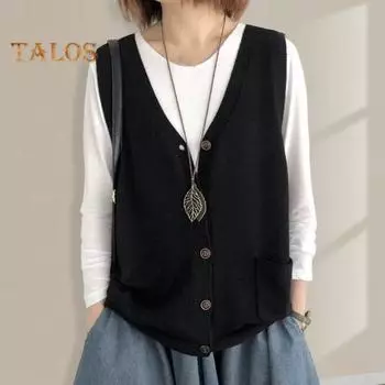 Женский вязаный жилет с V-образным вырезом без рукавов, однобортный теплый жилет, однотонный свободный крой, трикотажные майки с карманами чёрный