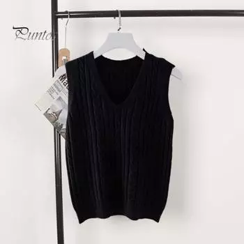 Женский вязаный жилет с V-образным вырезом без рукавов с перекрученной текстурой, свитер, однотонный повседневный свитер, жилет для повседневной носки 2XL чёрный