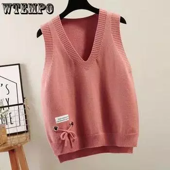 Женский вязаный жилет, свободный вязаный свитер для осени и зимы, жилет без рукавов с V-образным вырезом M