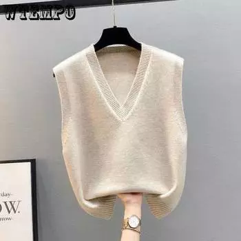 Женский вязаный жилет Весна и осень Вязаный женский свитер Жилет V-образный вырез Свободный крой Зимний жилет Верхняя одежда S