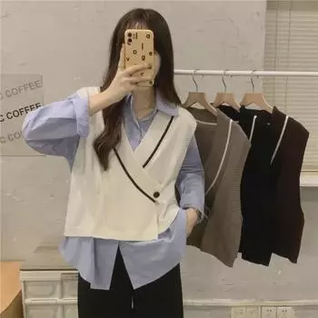 Женский вязаный жилет в студенческом стиле: Верхняя одежда без рукавов для многослойного ношения (Осень 2023 г.) One Size [fits 75-120 jin] чёрный