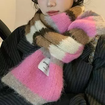 Женский вязаный зимний шарф Xiben из высококачественной шерсти розового цвета - теплый в корейском стиле розы красного