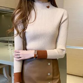 Женский вышитый свитер с воротником-стойкой, пэчворк, длинный рукав, тонкий трикотажный джемпер, повседневный свитер для женщин, осень-зима M чёрный