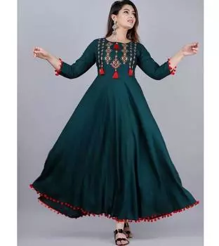 Женский вышитый вискозный искусственный шелк Анаркали Курта индийский пакистанский топ туника Курти платье S зелёный
