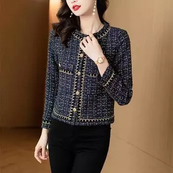Женский высококачественный французский винтажный твидовый пиджак с небольшим ароматом, пальто, женская повседневная уличная короткая куртка весна-осень, клетчатая верхняя одежда XXL