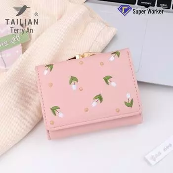 Женский высококачественный кошелек тройного сложения из полиуретана с вышивкой, отделениями для карт и зажимом для монет фиолетовый