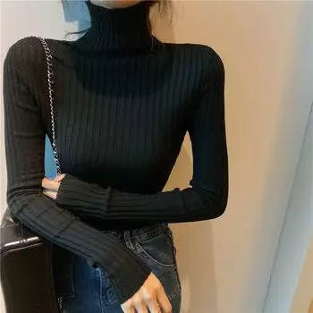 Женский высококачественный осенне-зимний серый свитер с высоким воротником, облегающий, вязаный, с приспущенным воротником, обтягивающий, мягкий базовый топ S чёрный