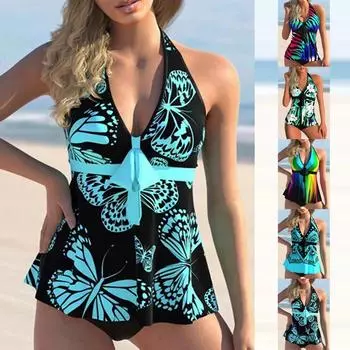 Женский высококачественный раздельный купальник, красивый жилет с принтом бабочек, сексуальный пляжный купальник со шнуровкой S-6XL 4XL