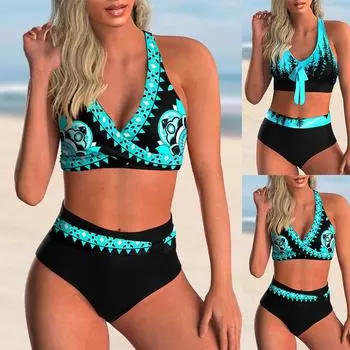 Женский высококачественный раздельный купальник, жилет с принтом маленькой шестеренки и шнуровкой, сексуальный пляжный купальник S-5XL 2XL