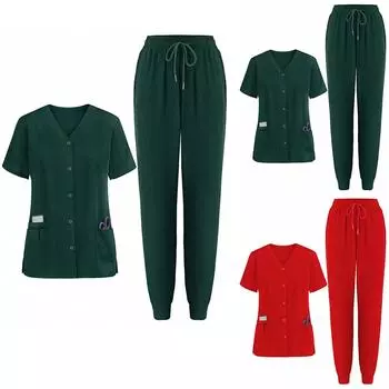 Женский защитный костюм с V-образным вырезом, однотонный, с карманами, с короткими рукавами, комплект из двух предметов L темно-зеленого